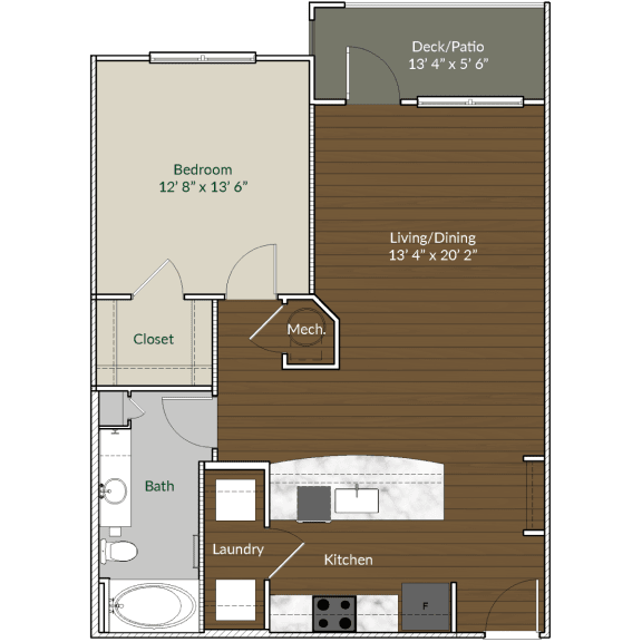 3D floor plan, one bedroom, one bathroom at Apartments @ Eleven240, North Carolina, 28216
