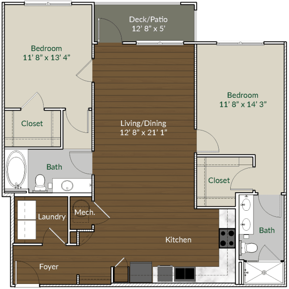 Floor Plan of B2 Floor Plan of B2 - 2 bedroom 2 bath 1,113 sq ft at Apartments @ Eleven240, 28216
