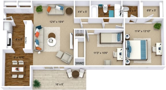 The Hickory two bedroom floor plan