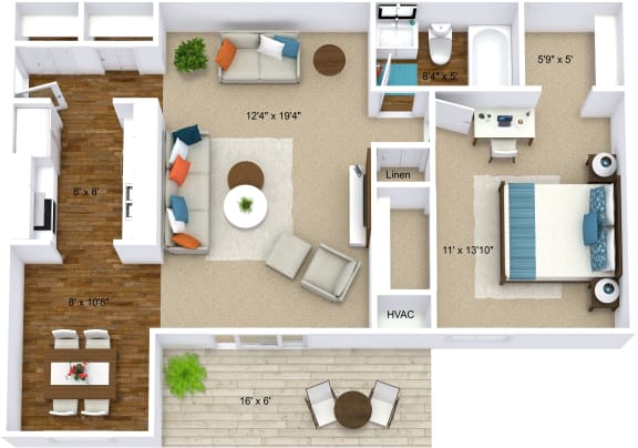 The Oak one bedroom floor plan