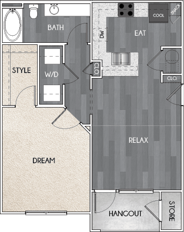 Our A1 one bedroom, one bath floor plan. Argento at Riverwatch Apartments in Augusta, GA.