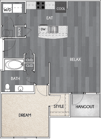 Our A2 one bedroom, one bath floor plan. Argento at Riverwatch Apartments in Augusta, GA.