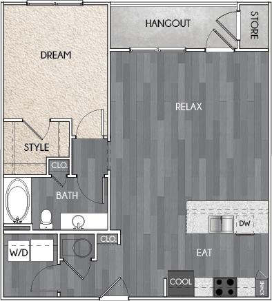 Our A5 one bedroom, one bath floor plan. Argento at Riverwatch Apartments in Augusta, GA.