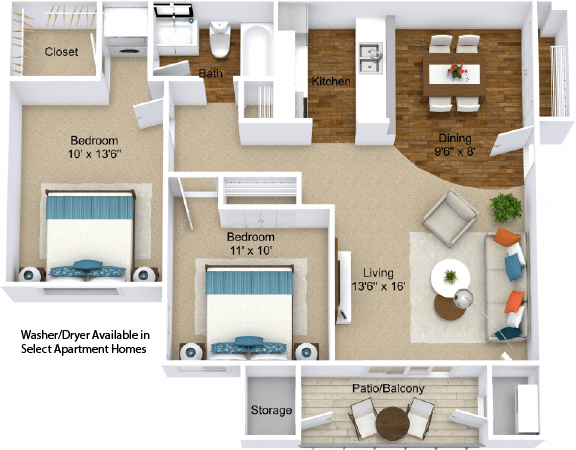 two bedroom 3D floor plan