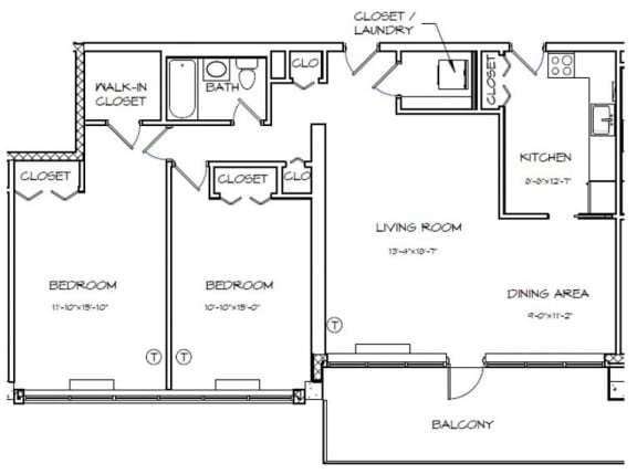  Floor Plan 2 Bedroom 1 Bath | B01 (Workforce Housing)