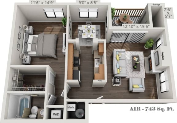 Floor Plan  A1R-One Bedroom One Bath floorplan
