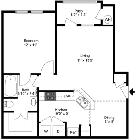 Floor Plan  1 Bedroom 1 Bath 647