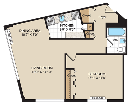 One Bedroom 1bath 24-1E Floorplan One Bedroom 24-1E Floorplan at 2400 Pennsylvania Avenue Apartments