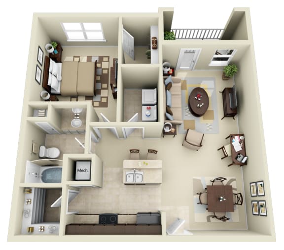 1 bed 1 bath A2 Floor Plan at Carolina Point Apartments, Greenville, 29607