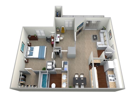 3D floorplan for 1 bed 1 bath 914sf, at McDonogh Township Apartments, 6 D Homestead Drive, Owings Mills