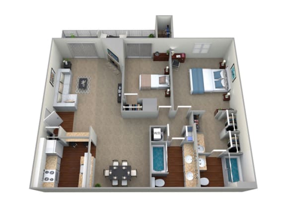 3D Floorplan for 2 bed 2 bath 1020sf, at McDonogh Township Apartments, Owings Mills, Maryland