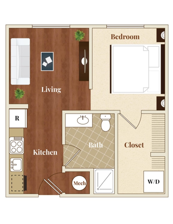 S7 Studio 644  square foot floor plan at St. Marys Square Apartments, Raleigh, 27605