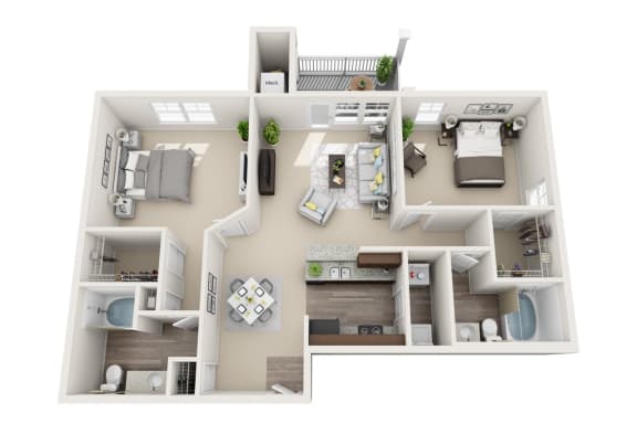 2 bedroom 2 bathroom Floor plan K at Abberly CenterPointe Apartment Homes, Midlothian, VA, 23114