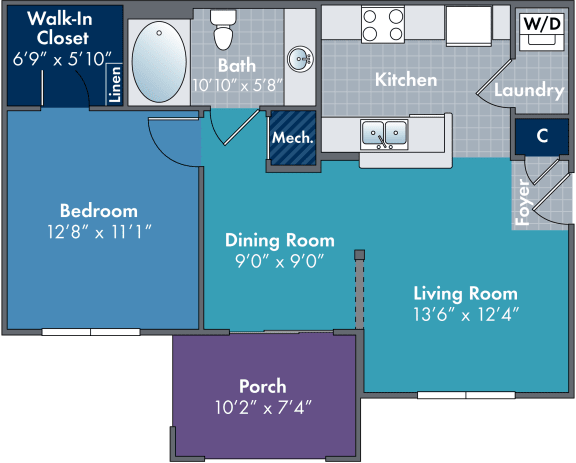 1 bedroom 1 bathroom floor plan at Abberly Village Apartment Homes, West Columbia, SC