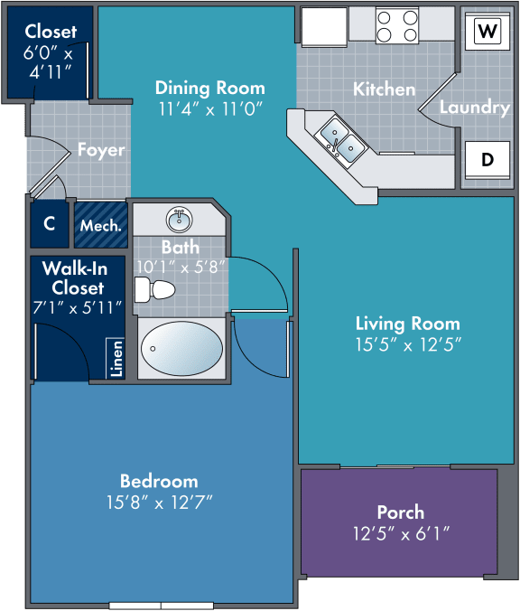 1 bedroom 1 bathroom floor plan B at Abberly Village Apartment Homes, West Columbia, South Carolina