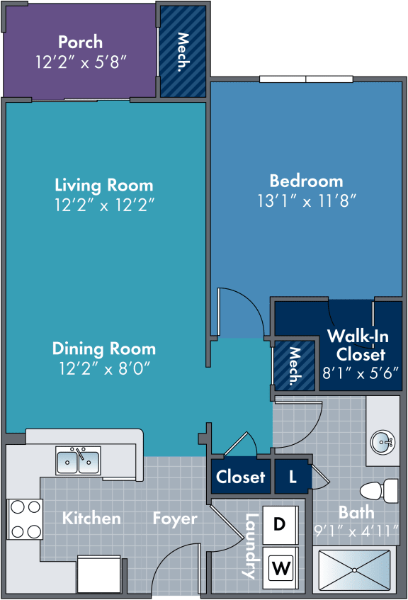 Floor Plan  1 bedroom 1 bathroom floor plan D at Abberly Village Apartment Homes, South Carolina