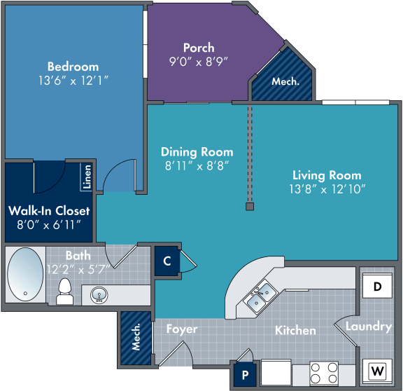 1 bedroom 1 bathroom floor plan E at Abberly Village Apartment Homes, South Carolina, 29169