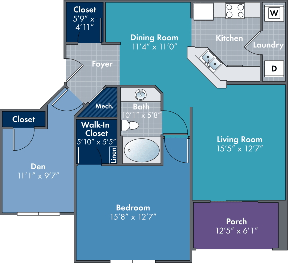 Floor Plan  2 bedroom 1 bathroom floor plan at Abberly Village Apartment Homes, West Columbia, SC, 29169