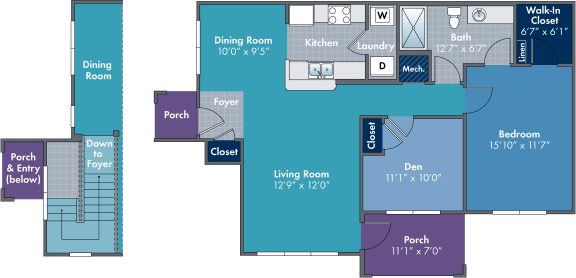 2 bedroom 1 bathroom floor plan A at Abberly Village Apartment Homes, West Columbia, SC