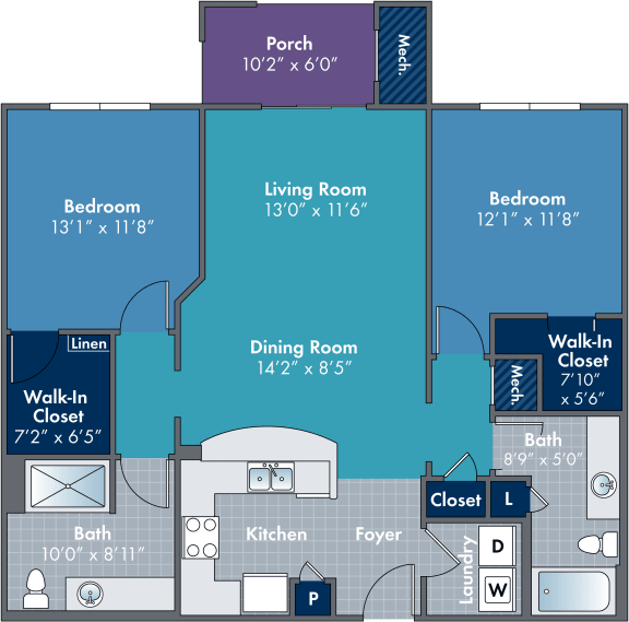 Floor Plan  2 bedroom 2 bathroom floor plan at Abberly Village Apartment Homes, West Columbia, 29169