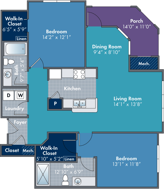 Floor Plan  2 bedroom 2 bathroom floor plan A at Abberly Village Apartment Homes, West Columbia, South Carolina