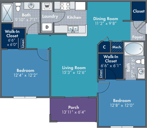 Floor Plan  2 bedroom 2 bathroom floor plan C at Abberly Village Apartment Homes, South Carolina