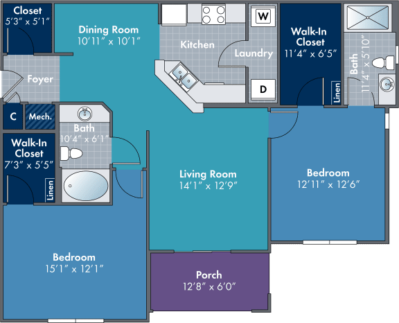 2 bedroom 2 bathroom floor plan D 2 bedroom 2 bathroom floor plan D at Abberly Village Apartment Homes, South Carolina, 29169