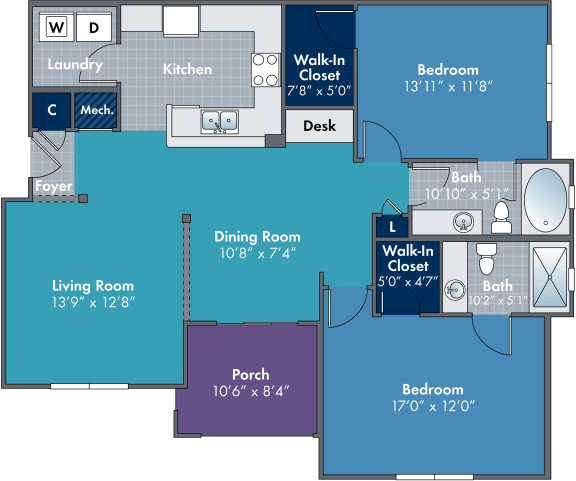 2 bedroom 2 bathroom floor plan Eat Abberly Village Apartment Homes, West Columbia, SC, 29169