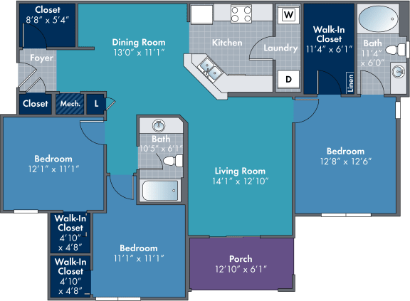 3 bedroom 2 bathroom floor planat Abberly Village Apartment Homes, West Columbia, SC