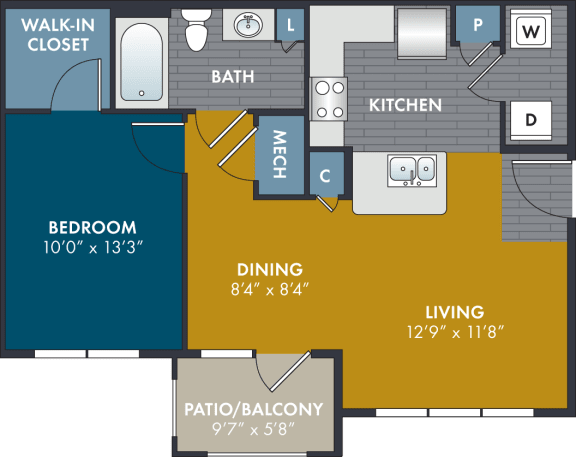 Floor Plan  1 bedroom 1 bathroom 654 Square-Foot Angora Floorplan at Abberly Solaire Apartment Homes by HHHunt, North Carolina, 27529