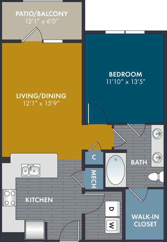 1 bedroom 1 bathroom Brocade Floorplan 1 bedroom 1 bathroom 738 Square-Foot Brocade Floorplan at Abberly Solaire Apartment Homes by HHHunt, Garner, NC, 27529