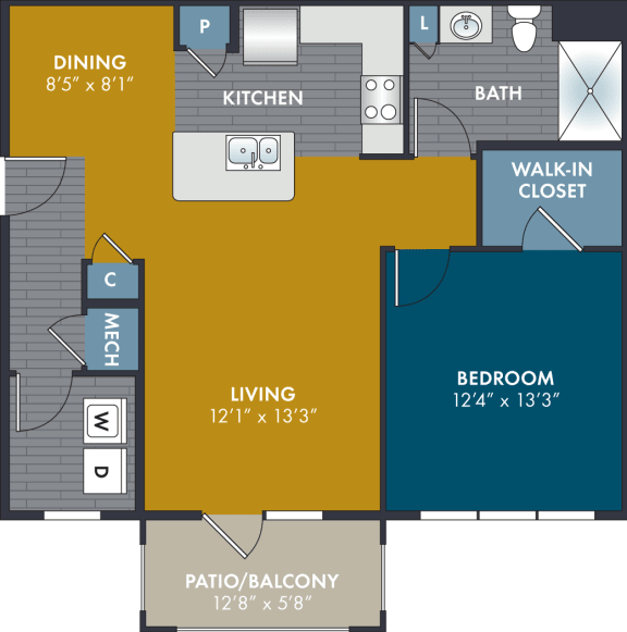 1 bedroom 1 bathroom 809 Square-Foot Cashmere Floorplan at Abberly Solaire Apartment Homes by HHHunt, Garner, NC