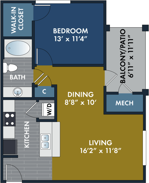 1 bedroom 1 bathroom Floor plan A at Abberly CenterPointe Apartment Homes, Midlothian, 23114