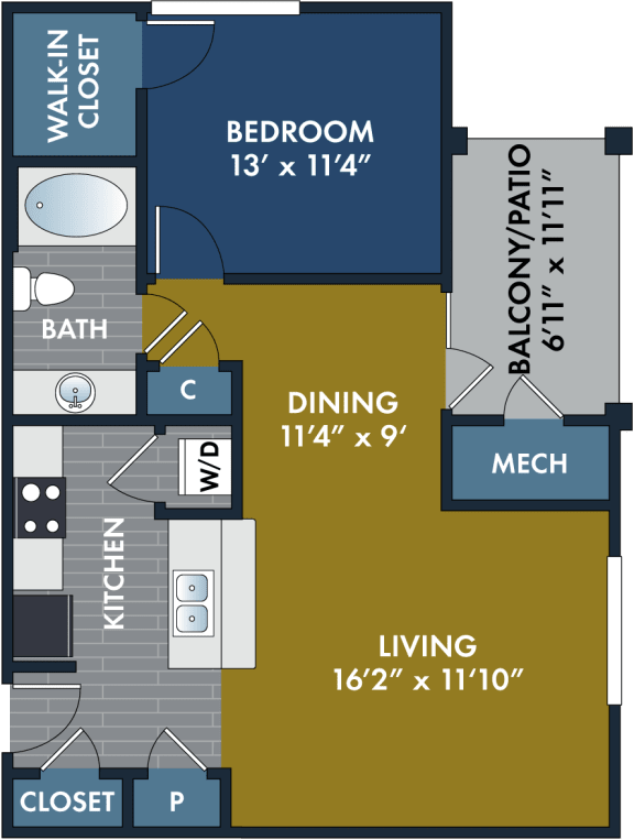 1 bedroom 1 bathroom Floor plan C at Abberly CenterPointe Apartment Homes, Midlothian
