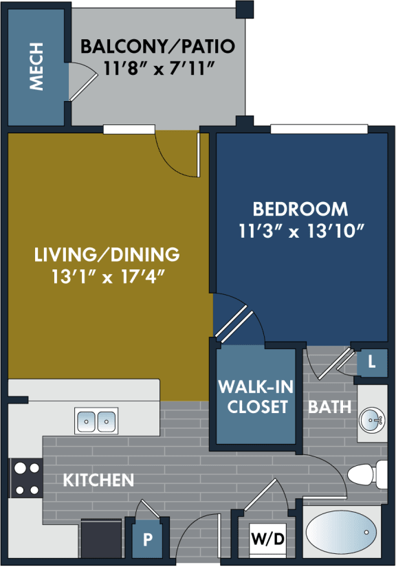 1 bedroom 1 bathroom Floor plan E at Abberly CenterPointe Apartment Homes, Virginia, 23114