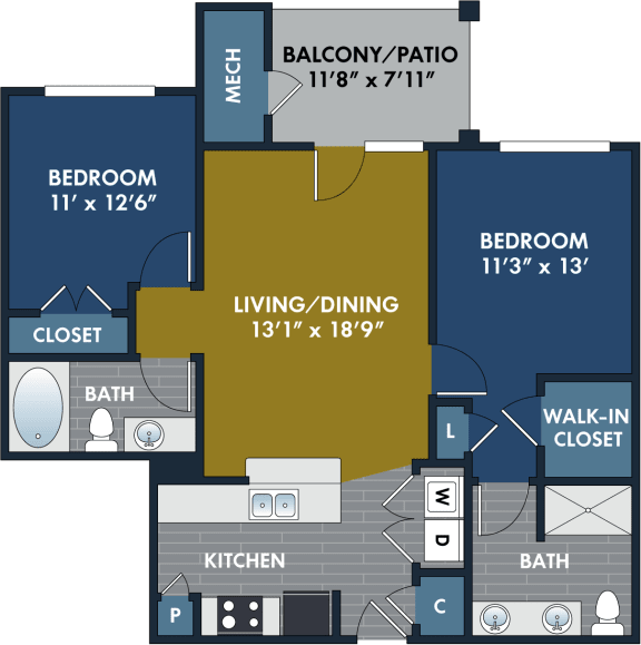 2 bedroom 2 bathroom Floor plan B at Abberly CenterPointe Apartment Homes, Midlothian, 23114