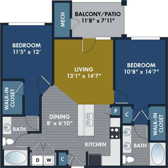 2 bedroom 2 bathroom Floor plan D at Abberly CenterPointe Apartment Homes, Midlothian, VA, 23114