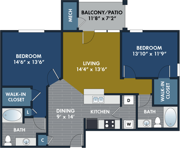 2 bedroom 2 bathroom Floor plan L at Abberly CenterPointe Apartment Homes, Virginia, 23114