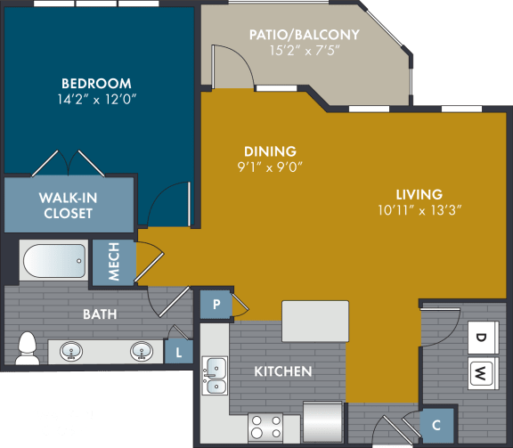 1 bedroom 1 bathroom 878 Square-Foot Chenille Floorplan at Abberly Solaire Apartment Homes by HHHunt, Garner, North Carolina