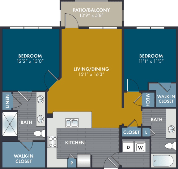 2 bedroom 2 bathroom 1086 Square-Foot Chiffon Floorplan at Abberly Solaire Apartment Homes by HHHunt, Garner