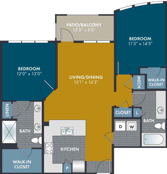 1106 Square-Foot Damask Floorplan at Abberly Solaire Apartment Homes by HHHunt, North Carolina