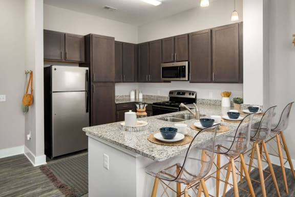 Kitchens with Dark Cabinetry and Stainless Steel Appliances at Abberly Solaire Apartment Homes, Garner, NC, 27529