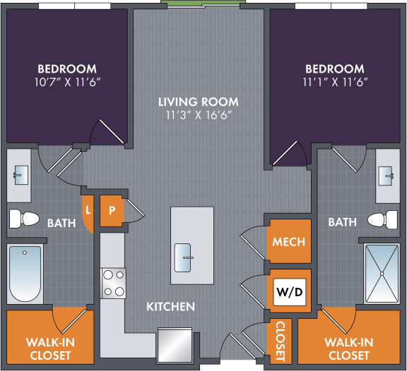 Floor Plan  2 bed 2 bath floor plan Bat Abberly Foundry Apartment Homes, Tennessee, 37206