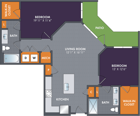 2 bed 2 bath floor plan C at Abberly Foundry Apartment Homes, Nashville, TN, 37206