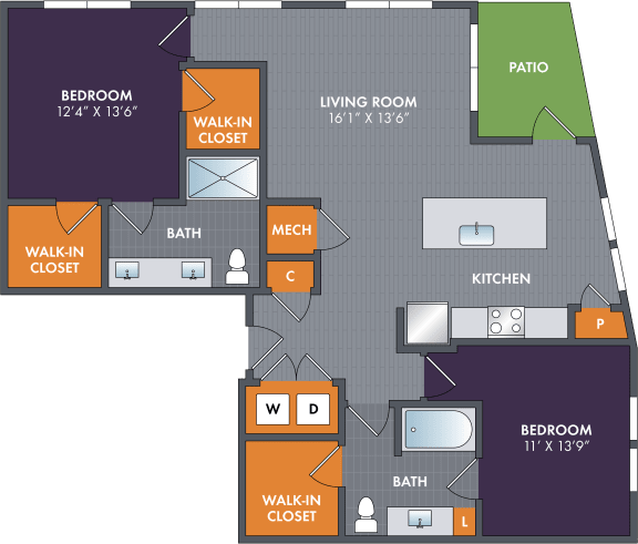 Floor Plan  2 bed 2 bath floor plan Eat Abberly Foundry Apartment Homes, Nashville, 37206