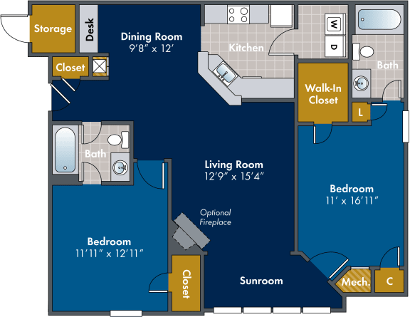 Floor Plan  2 bedroom 2 bathroom Floor plan E at Abberly Twin Hickory Apartment Homes, Glen Allen, Virginia