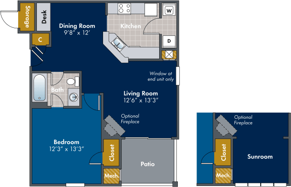 1 bedroom 1 bathroom Floor plan A at Abberly Twin Hickory Apartment Homes, Virginia, 23059