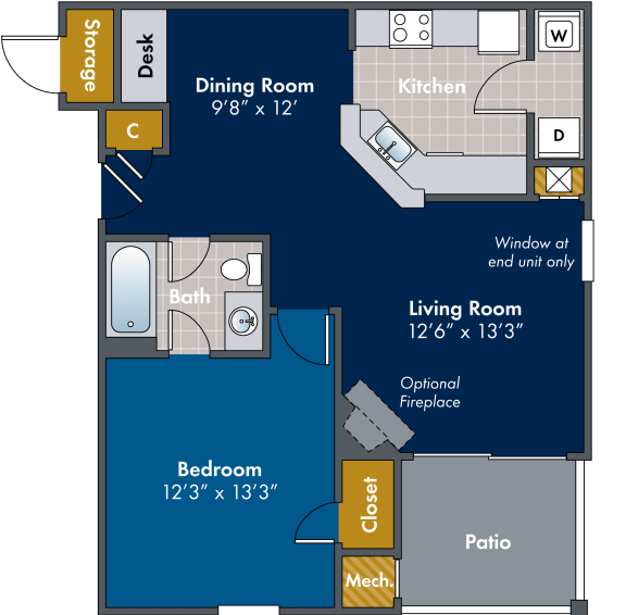 1 bedroom 1 bathroom Floor plan at Abberly Twin Hickory Apartment Homes, Glen Allen, VA