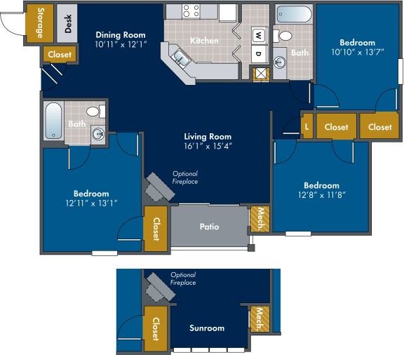 3 bedroom 2 bathroom Floor plan B at Abberly Twin Hickory Apartment Homes, Glen Allen