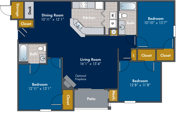3 bedroom 2 bathroom Floor plan D at Abberly Twin Hickory Apartment Homes, Virginia, 23059